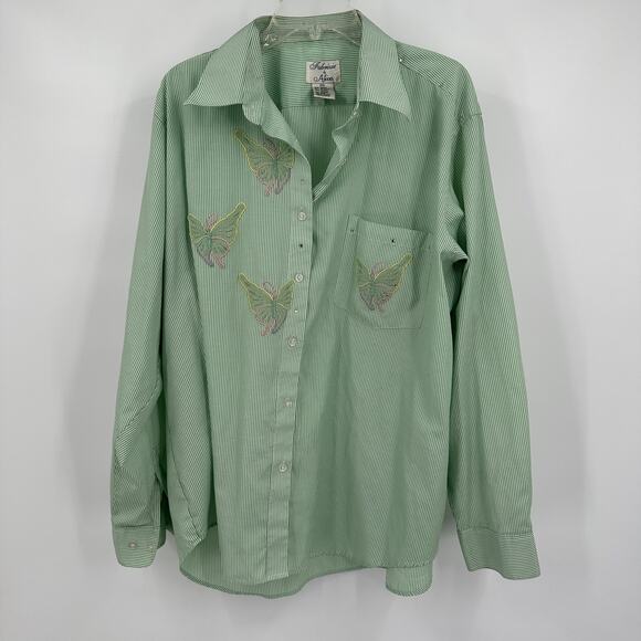 Fabrizio by Ativa Womens Shirt Size XXL Green Stripe Vintage Y2K Butterflies - Picture 1 of 7